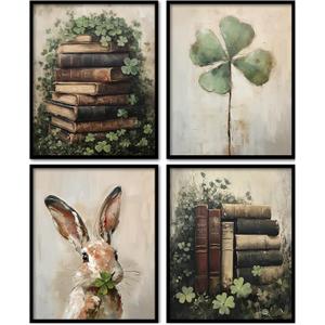 KDHTY Vintage Easter Bunny Decor Rabbit Wall Art,Moody Botanical Easter Dark Academic Book Wall Decor,Rustic Green Plant Farmhouse Prints for Reading Room Living Room Library Classroom Decorations