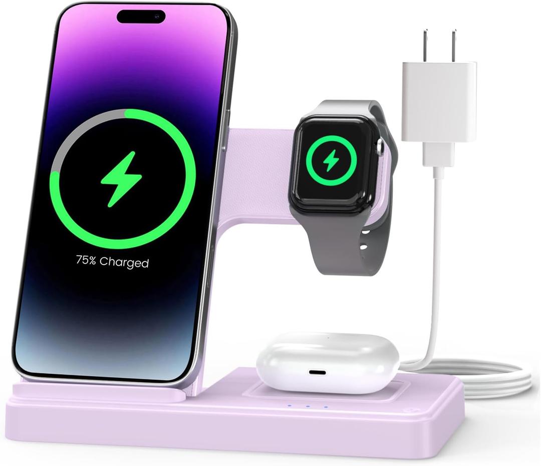 Wireless Charger Stand Charging Station: 3 in 1 Charger Multiple Devices for Apple iPhone 17 16e 16 15 14 Pro Max 13 12 11 for Watch 11 10 9 8 7 6 5 4 3 2 SE and Ultra & Airpods Series, Light Violet