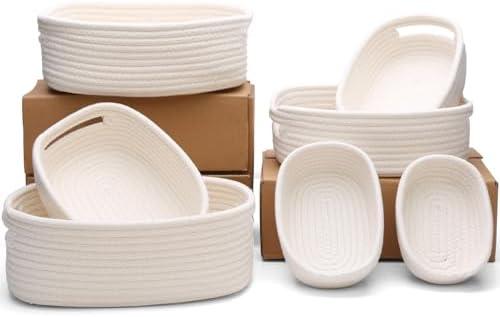 HLWDFLZ 7 Piece Cotton Rope Woven Basket Set - Small Basket for Baby Nursery, Pets, Montessori, Dog & Cat Toy Boxes, Bathroom Organization Bins (White)