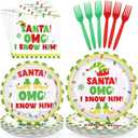 96Pcs Christmas OMG Party Supplies Funny Xmas Movie Party Plates and Napkins Disposable Santa OMG Tableware Set for Christmas Baby Shower Decorations Serves 24