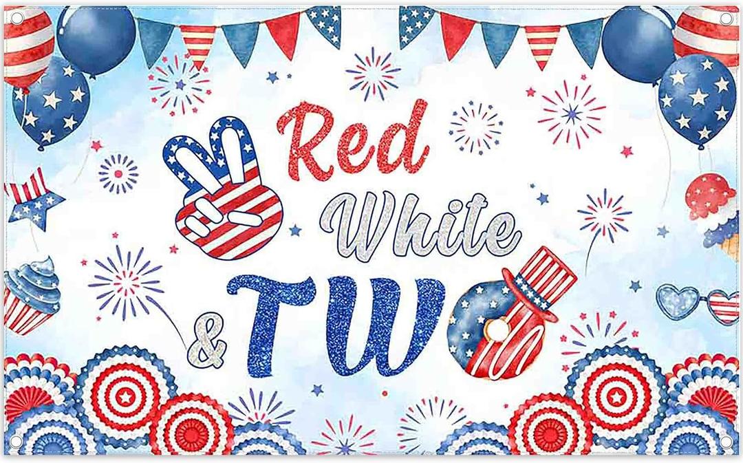 Fabric 72x43inch 4th of July Red White and Two Birthday Backdrop | Independence Day Patriotic Fireworks Star Stripe Photography Background, Newborn Party Decorations, Photo Props