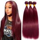 99J Burgundy Bundles Human Hair 12A Unprocessed Brazilian Virgin Human Hair Bundles Wine Red Straight 3 Bundles 26 28 30 Inch Double Weft Weave 99J Color Hair Extension for Women 300g Total