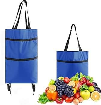 2 in 1 Foldable Shopping Cart with Wheels for Groceries, 25kg Grocery Cart on Wheels Collapsible Shopping Carts for Groceries Waterproof Oxford Travel Bag Reusable (Blue)