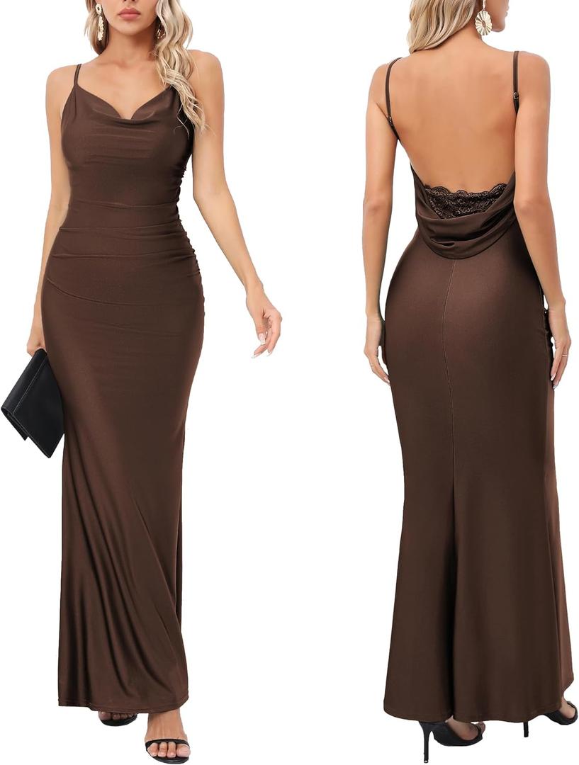 Capuffy Women Drape Neck Formal Maxi Dresses Lace Backless Cocktail Party Dress Spaghetti Straps Mermaid Evening Gown 221 (Large, Coffee)