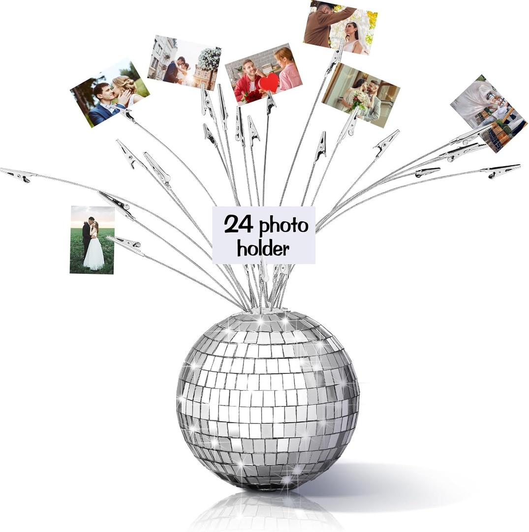 Geyoga Disco Ball Photo Tree Holder with 24 Branches Table Centerpiece 5.9' Silver Money Tree Gift Card Holder with Clips for Display Picture Memo Note Disco Ball Gift Party Decor