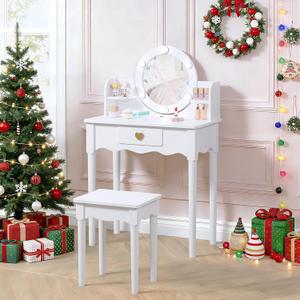UTEX Kids Vanity, Girls Vanity Set with Mirror and Stool and Lights, Kids Vanity Table and Chair Set,Wooden Princess Makeup Desk Dressing Table, White