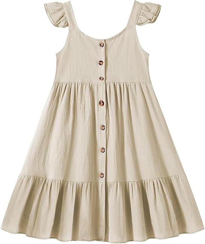 Girls Ruffle Trim Dress Kids Casual Elastic Crew Neck Solid Color A-line Swing High Waist Midi Dress 120