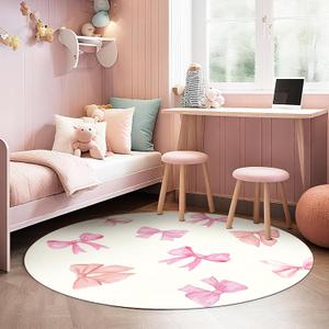 Bow Pattern Area Rug for Girl Bedroom Living Room, Washable Soft Round Artificial Wool Kids Pink Beige Carpet for Entryway Living Room Laundry, 3'Round