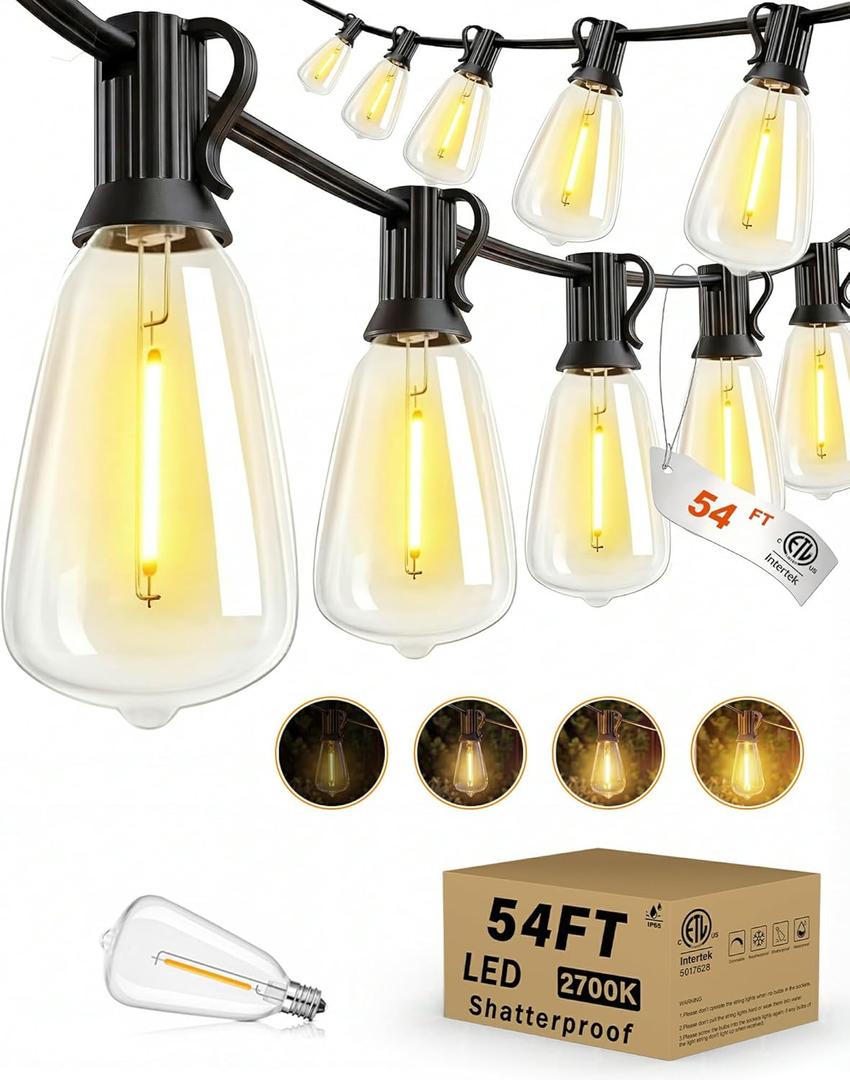 Outdoor String Lights Waterproof, 54FT Dimmable Patio Lights with 24+1 Shatterproof Edison Bulbs, 2700K ST38 LED Outdoor Hanging Lights for Gazebo, Backyard, Balcony, Garden, Party Decor