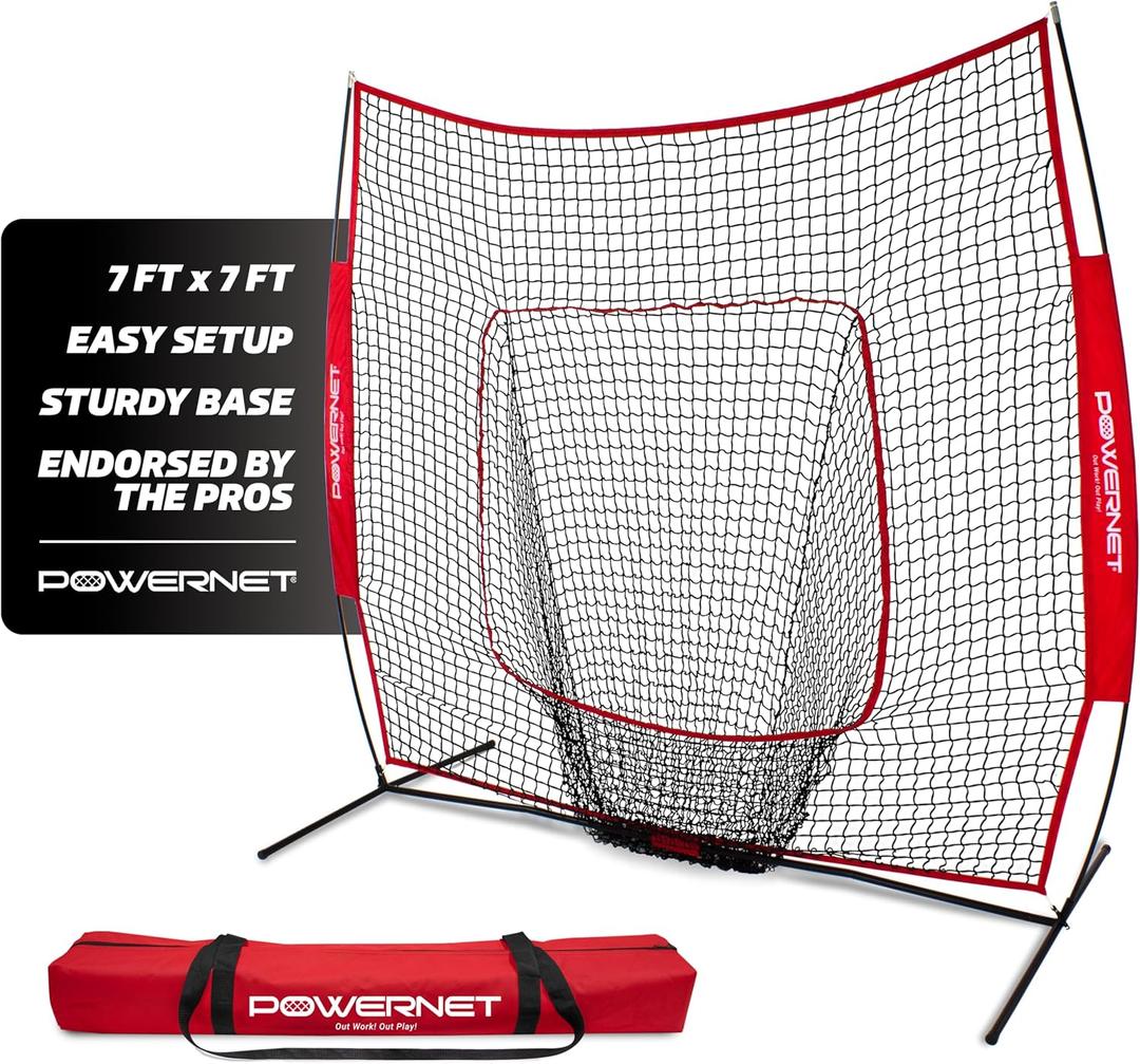 PowerNet Baseball Softball Practice Net 7x7 with Baseball Accessories for Practice Pitching, Batting & Fielding, Ball Caddy, Weighted Baseballs, Tee (Red)