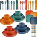 48Pcs Wheat Straw Dinnerware Sets, Unbreakable Plastic Plates and Bowls Sets, Dinner Sets for 4 People, Travel Picnic Camping Cutlery Set, Home Party Cutlery Set, Dishwasher Microwave Safe Dishes