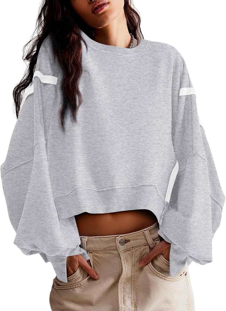 Zwurew Womens Casual Sweatshirt Long Sleeve Tops Crewneck Loose Fit Tee Pullover Crop Tshirt Side Slit Fall Fashion 2024 (Small, Light Grey)