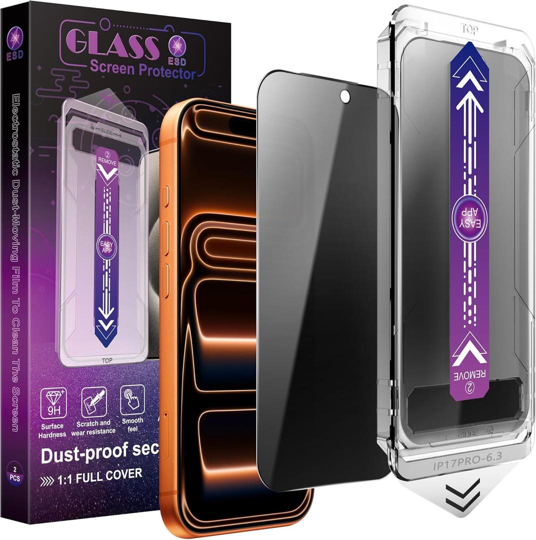 2 Pack Privacy Screen Protector for iPhone 17 Pro 6.3-Inch Auto Dust Removal, No Bubbles,Anti-Spy Tempered Glass Film, Easy Installation