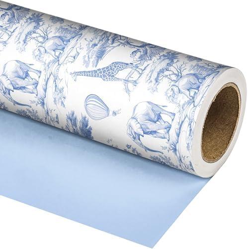 Dtiafu Baby Shower Wrapping Paper Roll for Boys Girls Kids Blue White Jungle Animals Design Gift Wrap Sheets for Holiday Birthday Baby Shower Party Packing Supplies - Total 28.5sq.ft