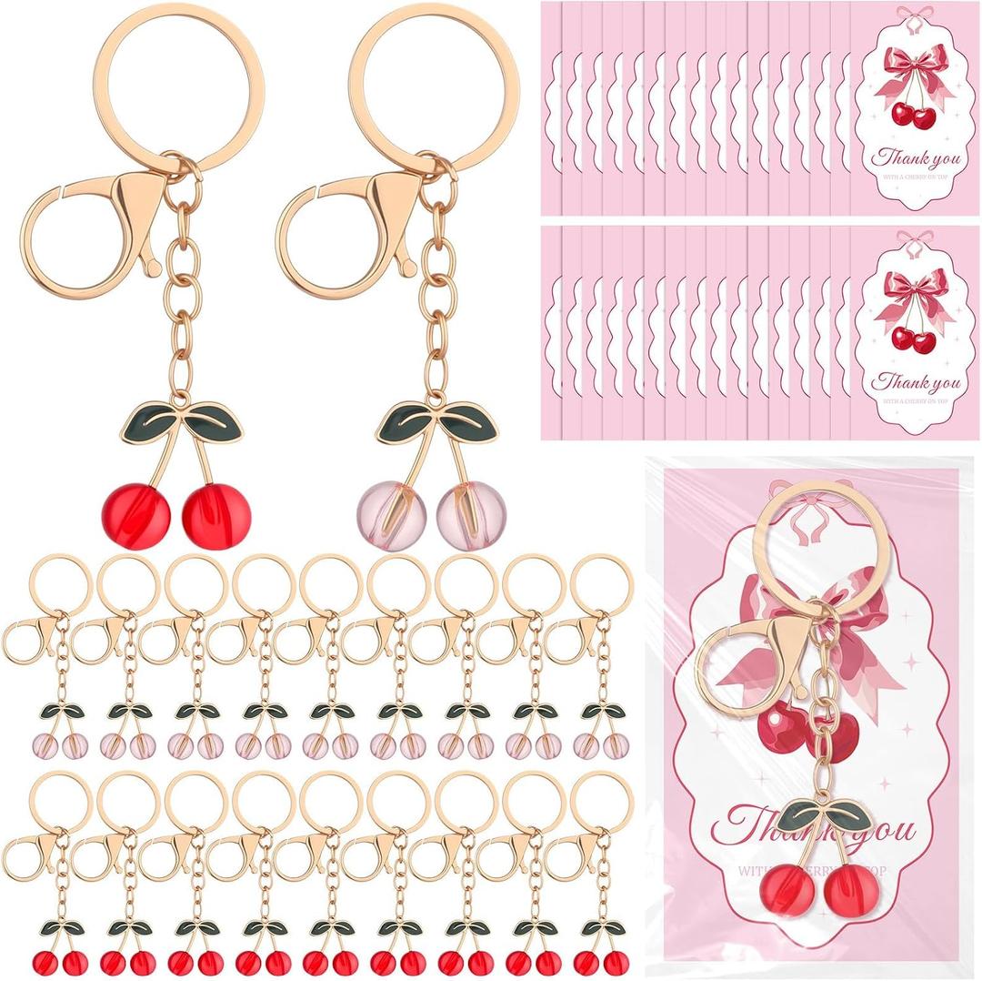 30 Sets Cherry Keychain Party Favor Fruit Cherries Keyring with Greeting Cards and Bags Thank You Gifts Cherry on Top Baby Shower Decorations Wedding Guest Gifts Birthday Party Supplies