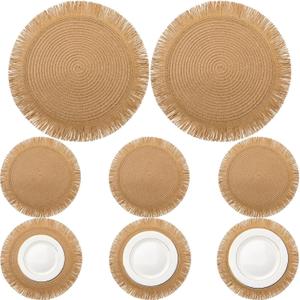 6 Pack15 Inch Round Woven Placemats Brown Boho Washable Braided Straw Placemats with Fringe Bohemian Rustic Table Mats for Dining Table Nonslip Plate Farmhouse Kitchen Decor
