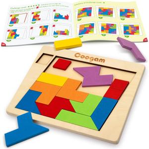 Coogam Wooden Puzzle Blocks Geometric Tangram Brain Teasers Jigsaw 3D Logic IQ Game Colorful Shape Pattern Montessori STEM Educational Toys Gift 60 Challenges for All Age, 15 pieces