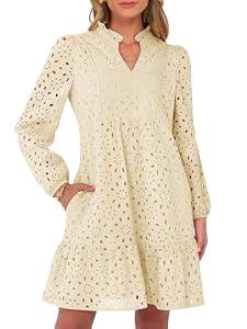 Caracilia Long Sleeve Dress for Women V Neck Hollow Out Eyelet Casual Fall Boho Flowy Swing Tiered Mini Vacation Dresses X-Large