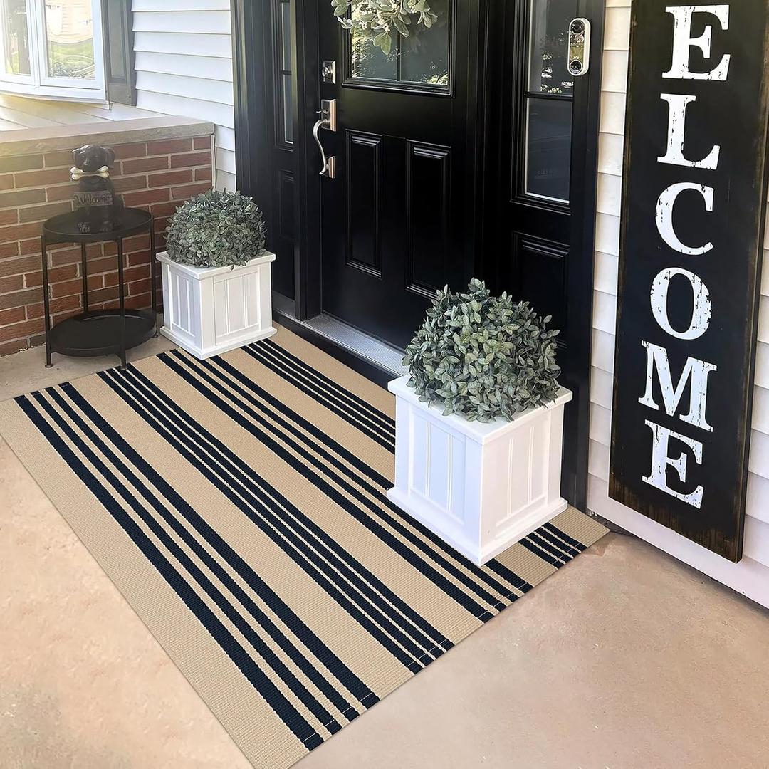 KILOCOCO Striped Rug 3'X5' Front Door Mat Outdoor Welcome Mats Rugs Outdoor Cotton Washable Front Porch Rug Layered Doormats for Kitchen/Farmhouse/Entryway/Patio, Brown