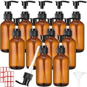 Tanlade 12 Pcs Glass Pump Bottle Dispenser 4 oz Travel Bottles with Pump Refillable Glass Containers for Toiletries Lotion Liquid Soap Shampoo Essential Oils Cosmetic Travel Accessories(Amber)