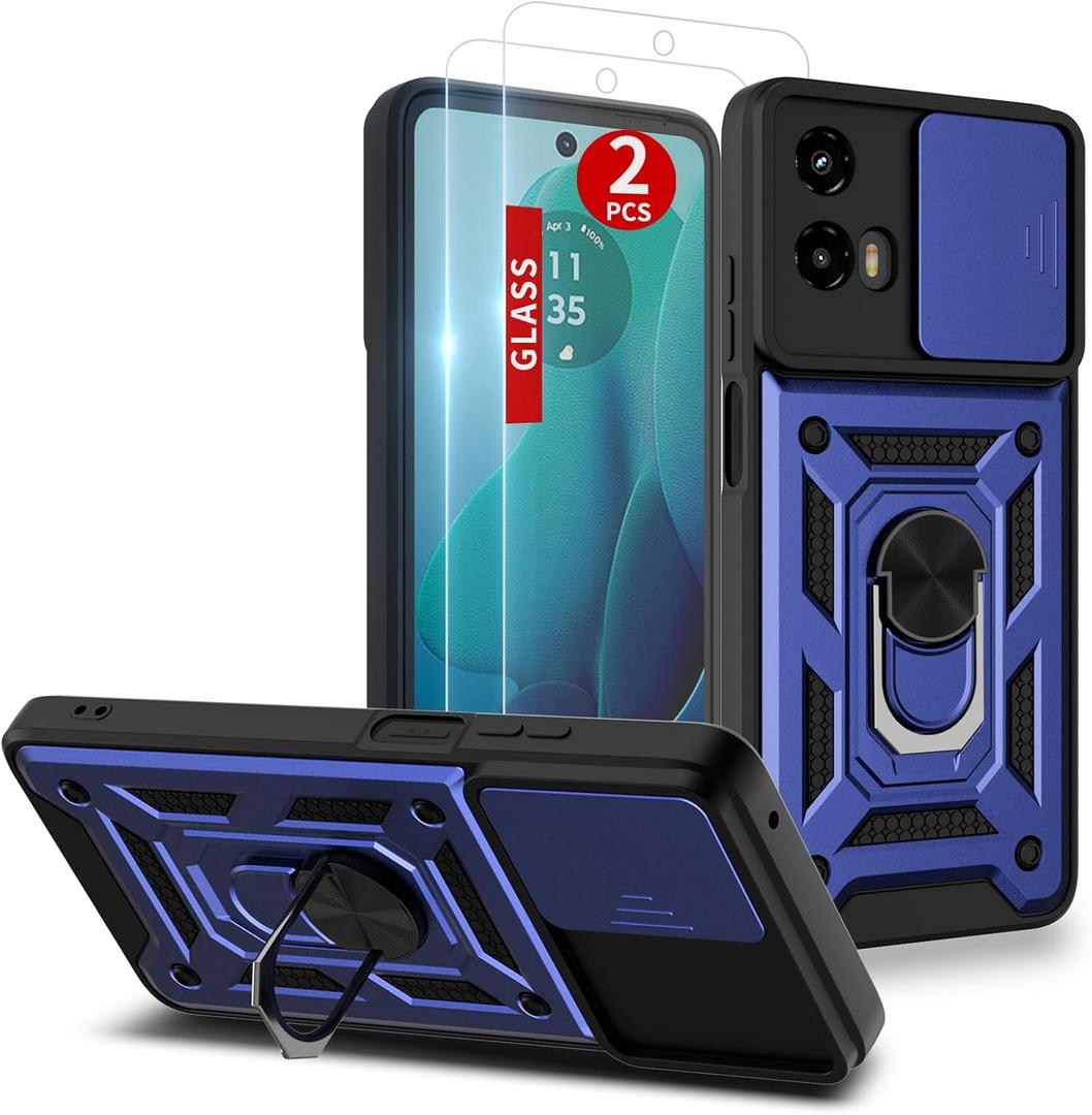 2 x for Moto G-5g-2024 Case: with 2PC Screen Protector,Sliding Camera Cover and Kickstand for Phone Cover Moto G 2024 case,Blue
