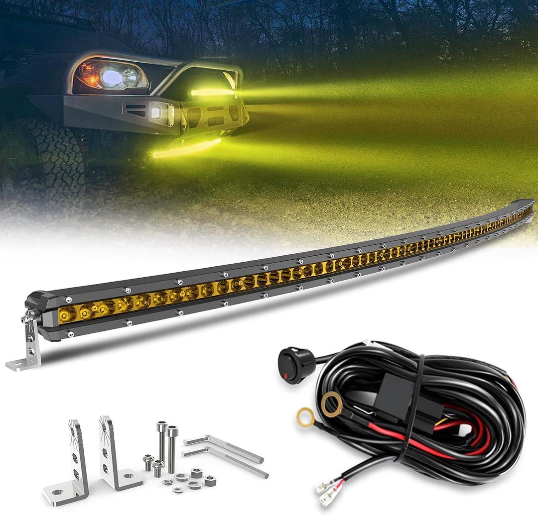 BraveWAY 50IN Yellow Curved LED Light Bar Single Row 25,920LM Spot Flood Combo Beam Amber Fog Off-Road Light Bar for Truck Pickup ATV UTV SUV Ranger 4Runner-Enhance Visibility in Fog & Night Driving