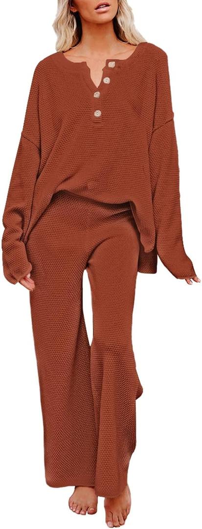 Viottiset Women's 2 Piece Outfits Sweatsuit Knit Long Sleeve Sweater Wide Leg Pants Loungewear (Orange, S)