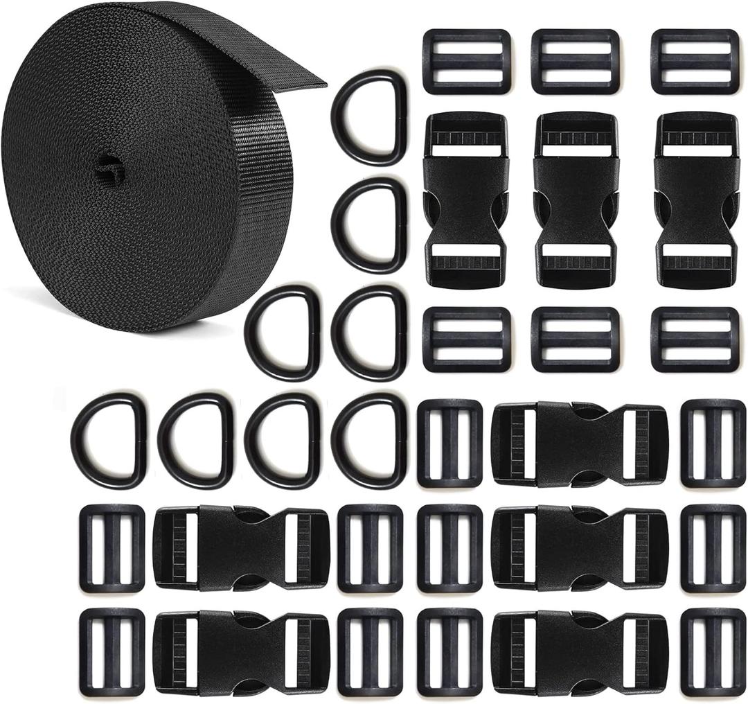 1 inch Buckle Strap Set with 10 Yards Nylon Webbing, 8 Pcs Metal D Rings, 8 Pcs Quick Side Release Plastic Buckles, 16 Pcs Tri-glide Slide Clip for DIY Backpack Replacement (Black)