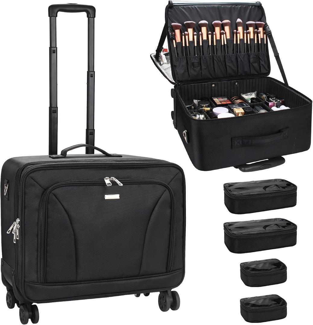 Relavel Extra Large Makeup Case Rolling Travel Train Case with 360° Spinner Wheels, 3 Layer with Insulation Compartment & Four Clear Storage Bags, Professional Makeup Artist Bag Set, Black