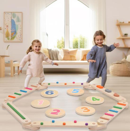 Wooden Balance Beam, Toddlers Balance Board with 6 Numbers Stepping Stones for Kids, Outdoor Indoor Play Equipment - Stepping Stones & Obstacle Course for Toddlers 3+
