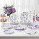 150 Pcs Floral Plates and Napkins, Light Purple and White Floral Tea Party Supplies Include Hydrangea Flower Gingham Plates Napkins for Garden Party, Bridal Baby Shower, Spring Party