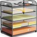 VIEERINN 5 Tier Paper Letter Tray Organizer with Handles, Mesh Desk File Organizer Metal Paper Sorter Holder, Desktop Document Shelf Tray Storage Organization for Office School Home, Black 