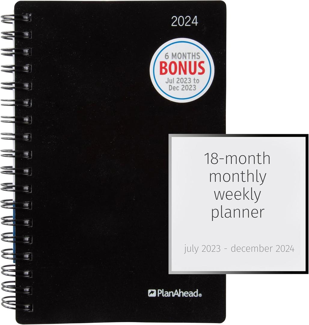PlanAhead Small 2024 Planner - 4.3"x6.3" 18 Month Weekly & Monthly Academic Planner with Tabs - Spiral Calendar Agenda for School, Work, & Office