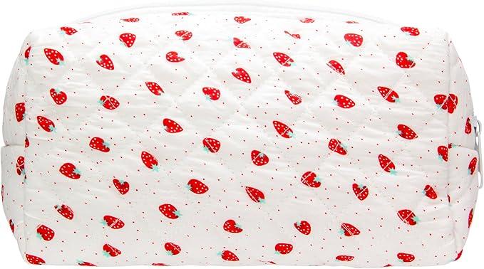 Quilted Makeup Bag Cosmetic Pouch for Brushes Pencils and Travel Make Up Accessories for Women and Girls Strawberry