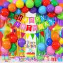 Rainbow Birthday Decorations for Kids, Colorful Party Decor Assorted Color Latex Foil Balloons Fringe Backdrop Happy Birthday Banner Cake Toppers for Boys Girls Carnival Circus Party Supplies