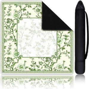 Chinoiserie Mahjong Mat with 1 Carrying Bag 31.5" x 31.5" Green and White Rubber Anti Slip and Noise Reduction Multi Purpose Game Table Cover for Mahjong, Card, Board Tile Games