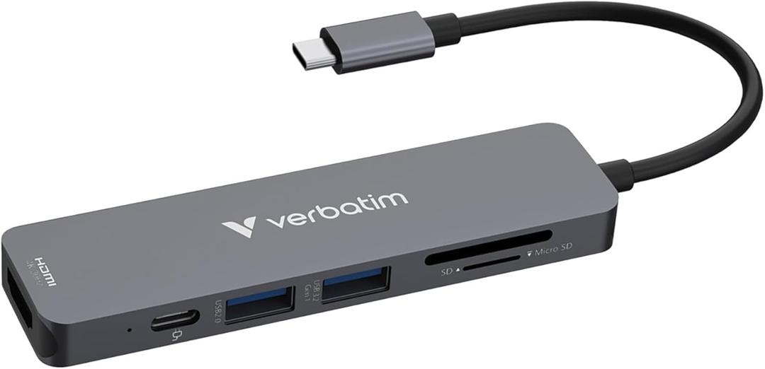Verbatim USB-C Essentials Multiport Hub 6 Ports: (1) USB-A 2.0, (1) USB-A 3.0/3.2 Gen 1, (1) USB-C 3.0/3.2 Gen 1, SD and Micro SD Card Slots with 4K HDMI and Up to 100W Power Delivery