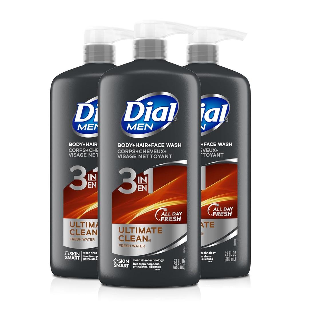 Dial Men 3 in 1 Body, Hair and Face Wash, Refresh, 16 Fl Oz, Pack of 6, Cleanses Deep + Gentle on Skin with Clean Rinse Technology