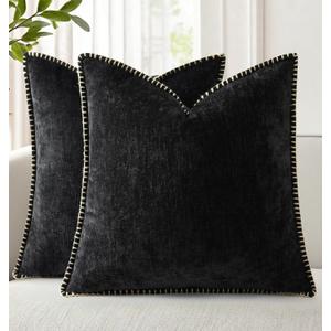 decorUhome Chenille Soft Cozy Throw Pillow Covers 20x20 Set of 2, Modern Farmhouse Boho Velvet Decorative Pillow Cases with Stitched Edge for Couch Sofa Bed Home Decor, Black