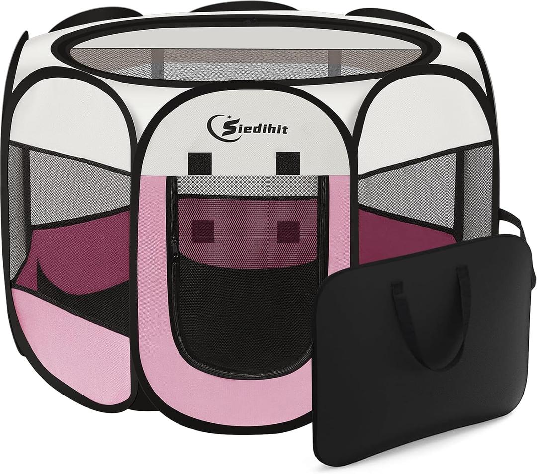 Siedihit Pink Puppy Playpen for Large Dog Cat, Dog Tent Crates Cage Indoor/Outdoor, Portable Pop Up Dog Kennel with Carrying Bag for Rabbits, (Pink, Large)