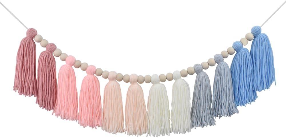 DrCor Pink & Blue Boho Tassel Garland  Preppy Coastal Yarn Wall Hanging with Wooden Beads for Nursery, Kids Room, Baby Shower, Gender Reveal Party, Birthday Backdrop or Coastal Home Decor
