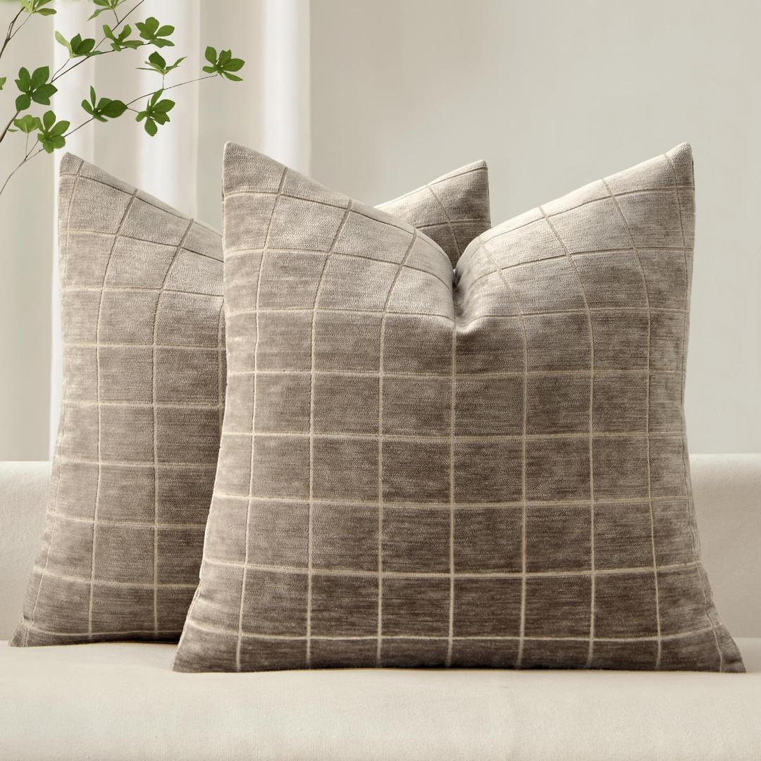 MIULEE Decorative Chenille Check Euro Shams Throw Pillow Covers Vintage Plaid Couch Pillows 24x24 Inch Set of 2 Neutral Boho Cushion Covers Modern Spring Decor for Sofa Bed Living Room Taupe Grey