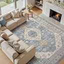 7x9 Washable Area Rug, Large Rugs for Living Room Stain Resistant Non Slip Backing Soft Low Pile Vintage Carpet for Bedroom Dining Room Kid & Pet Friendly Home Decor - Blue
