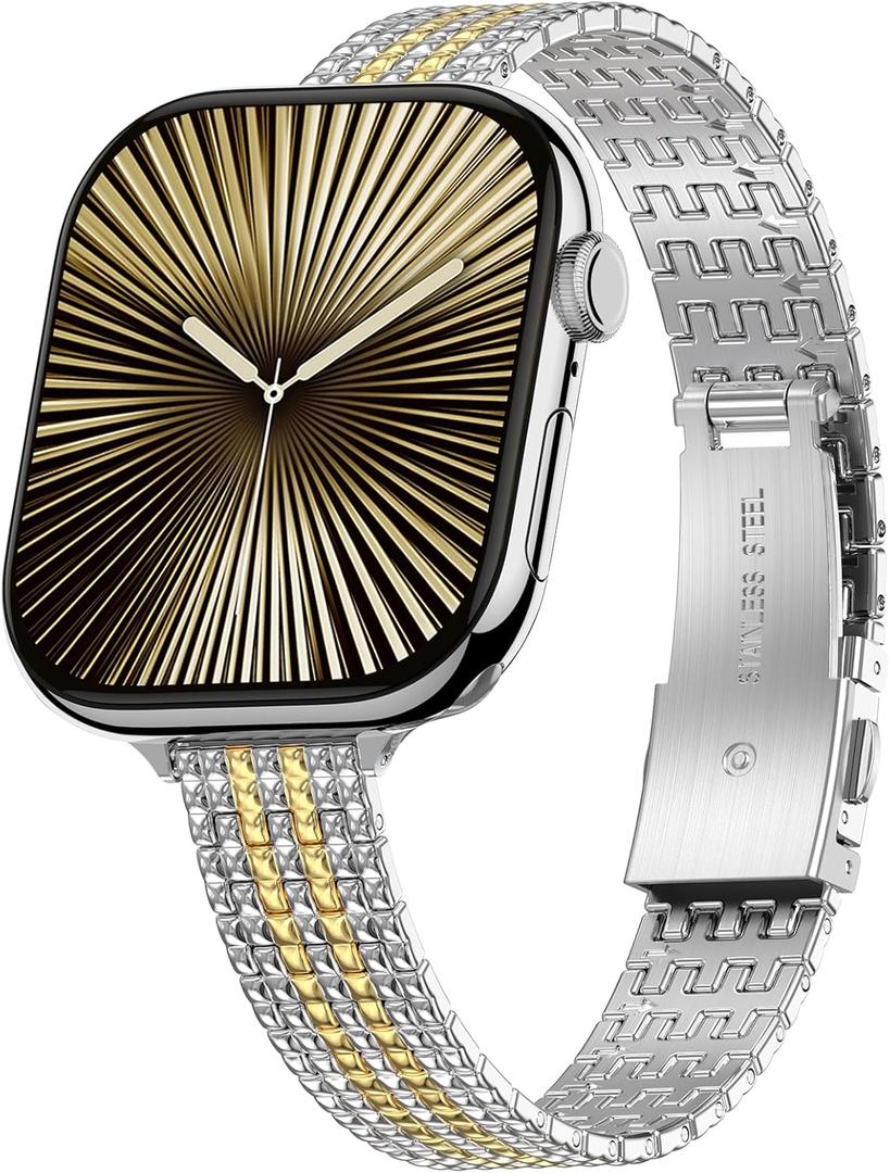 BAITEYOU Narrow Metal Band Compatible with Apple Watch Bands 38mm 40mm 41mm 42mm 44mm 45mm 46mm 49mm (Series 11 10 9 8 7 6 5 4 3 2 1 SE Ultra), Dressy Thin Stainless Steel iWatch Bands for Women (Silver/Gold New)