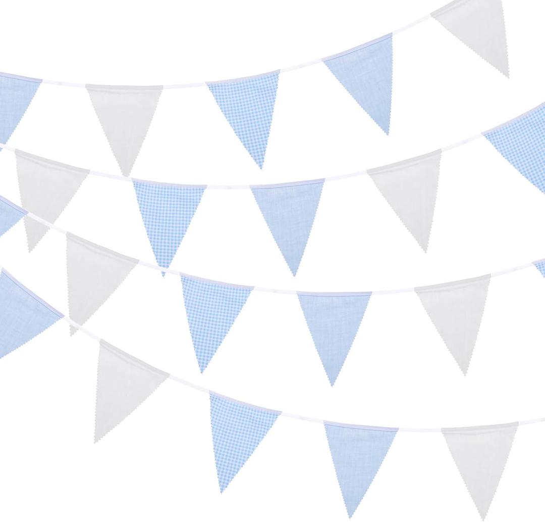 MECCANIXITY 33ft Blue White Plaid Checkered Pennant Banner, 36 PCS Triangle Flags Fabric Bunting Banner for Birthday Wedding Outdoor Garden Decor