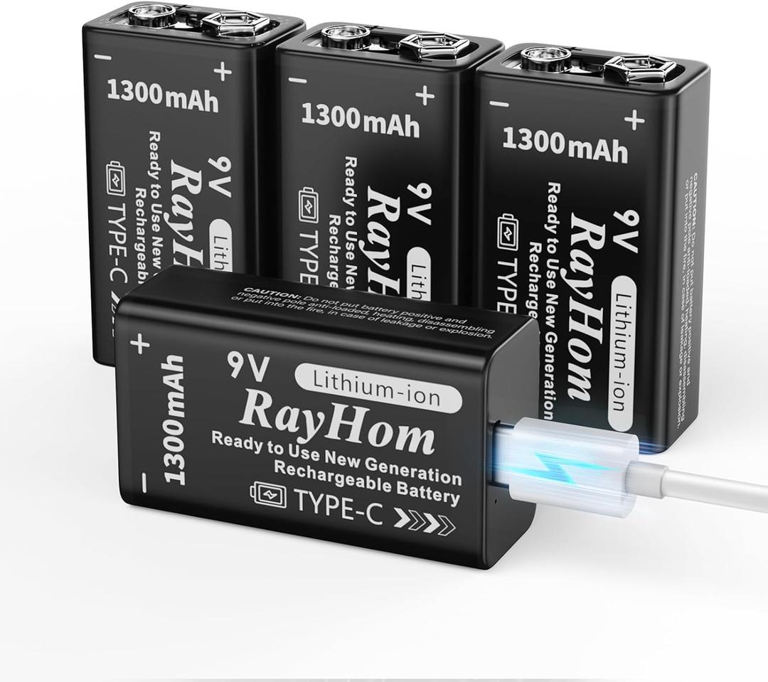 USB Rechargeable 9V Lithium Batteries - 4-Pack 9 Volt Li-ion Battery for Smoke Detector, with 2 USB-C 2-in-1 Charging Cable, High Capacity 1300 mAh, Quick Charges 2 Hours, Over 1000+ Cycles