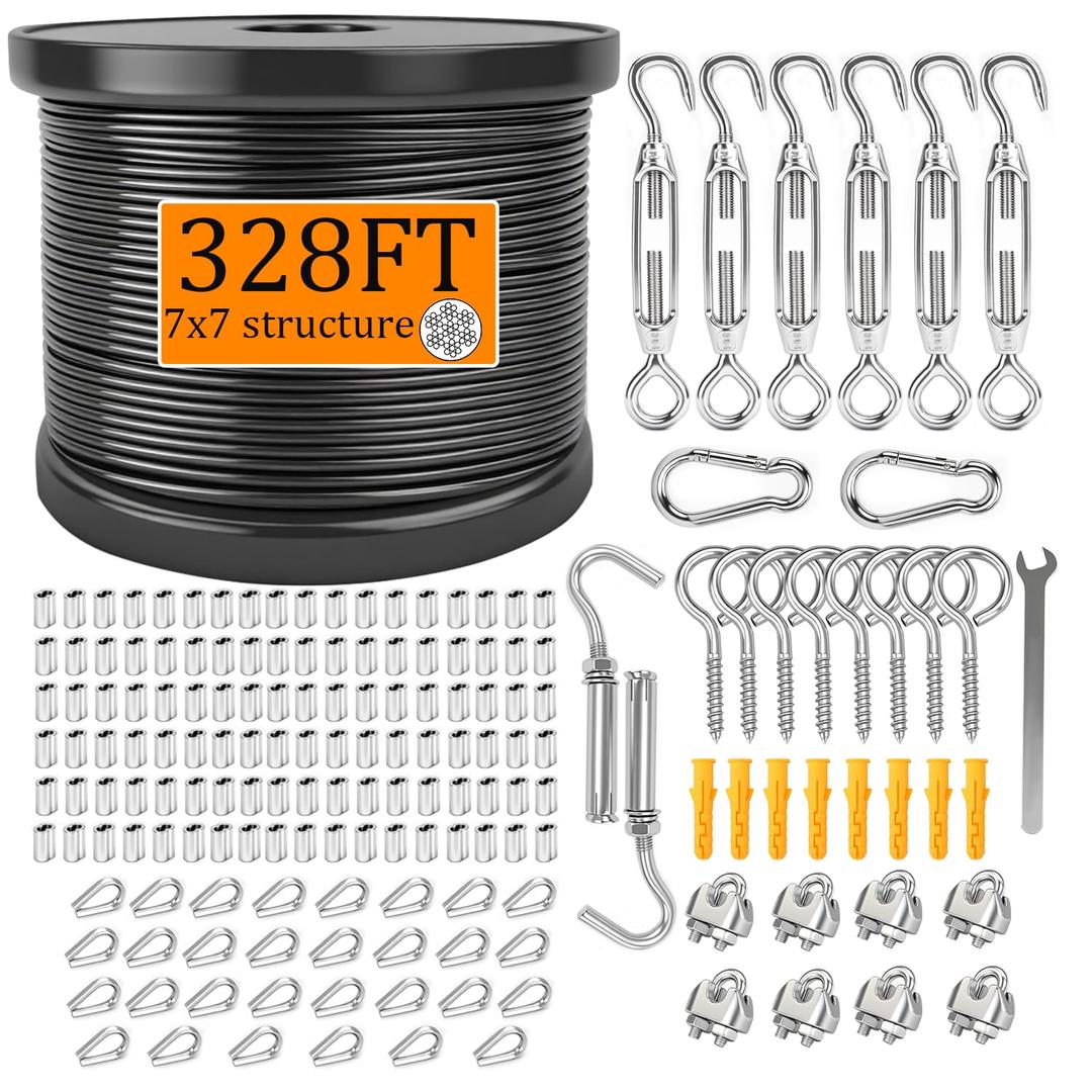 328ft Wire Rope Kit, 1/16" Nylon Coated Stainless Steel 304Wire Rope with Turnbuckles, Crimping Sleeves, Stainless Steel Thimbles, Eye Screws for Outdoor String Lights, Railing, Decking, Garden