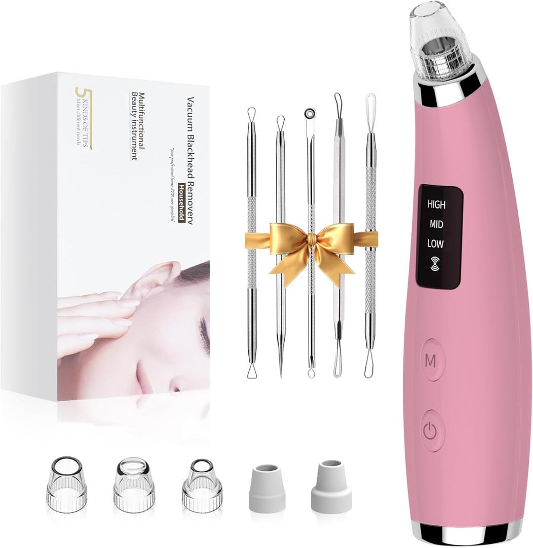 Pore Vacuum Blackhead Remover - Pore Extractor with 5 Attachments & 3 Suction Levels - Blackhead Remover Tools for Women and Men (Pink)