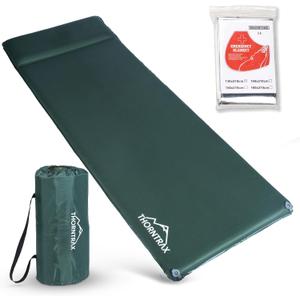Throntrax Camping Sleeping Pad - Ultralight Camping Mat with Pillow Built-in - 3.1" Thick | Self-Inflating & Suitable for All Seasons - Compact Sleeping Pad for Camping - Green, Full