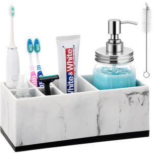 VITVITI Toothbrush Holder for Bathroom, Bathroom Organizer Countertop, Rectangle 6 Compartment Bathroom Accessories Storage for Toothpaste/ Vanity Counter/ Sink, White Resin of Marble Color